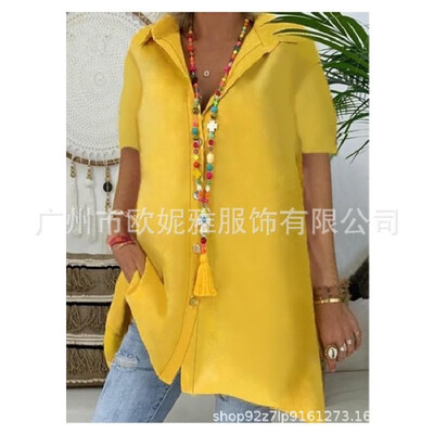 

Amazon AliExpress 2019 new womens cross-border European&American cotton&linen large lapel fat MM solid color short-sleeve