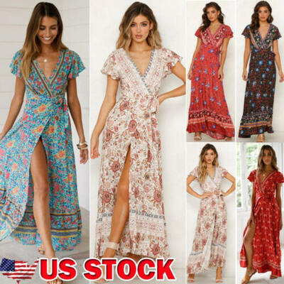 

Womens Maxi Boho Floral Summer Beach Long Slit Evening Cocktail Party Sun Dress