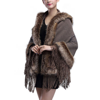 

Womens hooded fringed knit fur coat coat