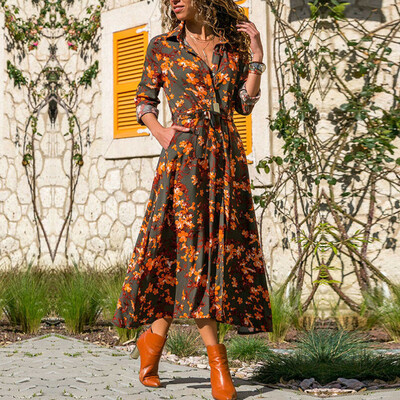 

Women Spring Autumn Casual V Neck Long Sleeve Loose Boho Long Maxi Shirt Dress