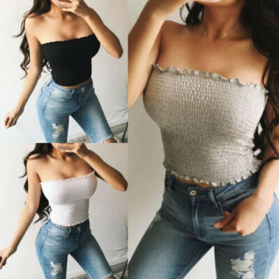 

Women Elastic Tube Tops Strapless Bandeau Tops Ladies Shirred Crop Tops Tank Top