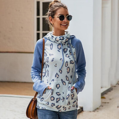 

Women Autumn Winter Hoodie Sweatshirts Drawstring Leopard Print Splice Long Sleeve Pocket Casual Pullover Basic Tops GreyBlue