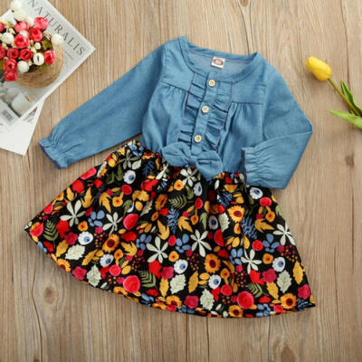 

Toddler Baby Girl Kid Long-sleeved Flower Print Denim Stitching Skirt Clothes