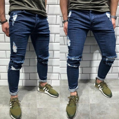 

Mens Stretchy Ripped Jeans Skinny Biker Jeans Destroyed Taped Slim Denim Pant