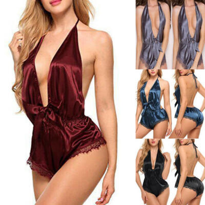 

New Womens Sleepwear V-Deep Silk Pajamas Sexy Lace Romper Jumpsuit Nightwear