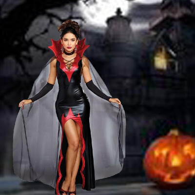 

Sexy Women Killing It Halloween Costume Vampire Gown Fancy Dress with Cape Gloves Black