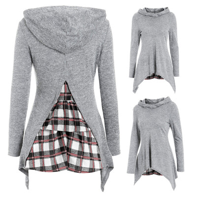 

Starmoon Women Long Sleeve Hooded Back Plaid Patchwork Irregular Sweatshirt Top Pullover