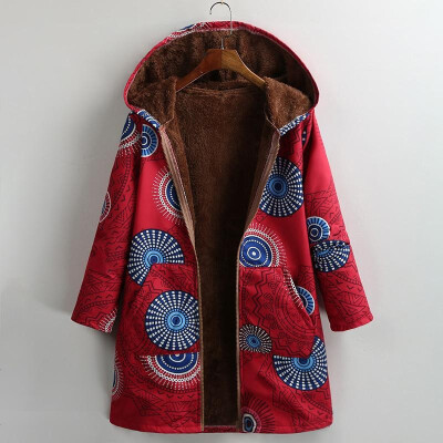 

Women Vintage Loose Hooded Coat Plus Size Printed Fleeces Lining Zip Up Winter Warm Parka Casual Long Overcoat Outwear