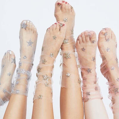 

Women Fashion Glitter Star Soft Mesh Socks Transparent Elastic Sheer Ankle socks