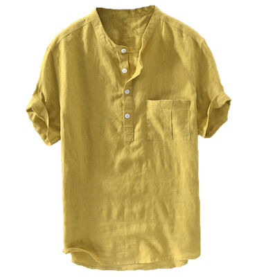 

Summer Mens Cotton Linen T Shirt Henley Tops Casual Loose V Neck Short Sleeve