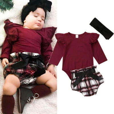 

UK Sweet Newborn Baby Girl Long Sleeve Romper Jumpsuit Plaid Bow Shorts Clothes