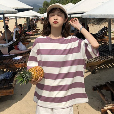 

Korean Loose Round Neck Striped Casual Half Sleeve T-shirt
