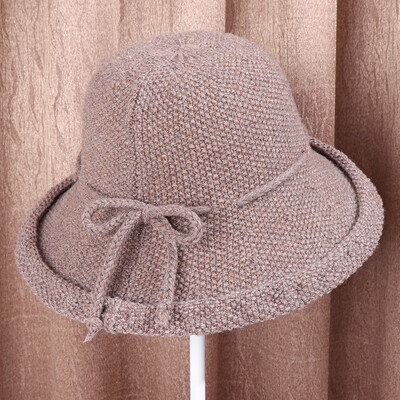 

2019 autumn&winter new Korean knitted woollen hat pure color lady turn over the rope bow warm the basin cap