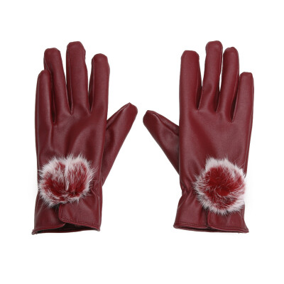 

Women Beautiful Rabbit Fur Ball PU Leather Touch Gloves For Winter Gloves