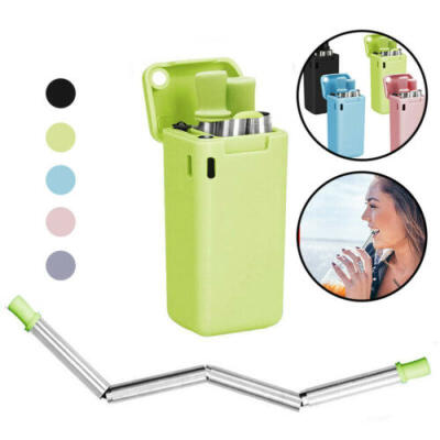 

Reusable Metal Folding Collapsible Drinking Straw Portable W Cleaning Brush Set