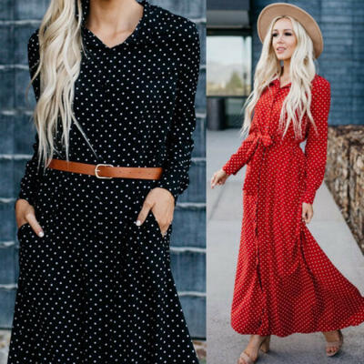 

Women Polka Waist Long Sleeve Casual Dress Tunic Swing Retro Midi Dresses