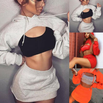 

US Fashion Women 2 Piece Bodycon Skirt Set Casual Clubwear Party Crop Top Dress