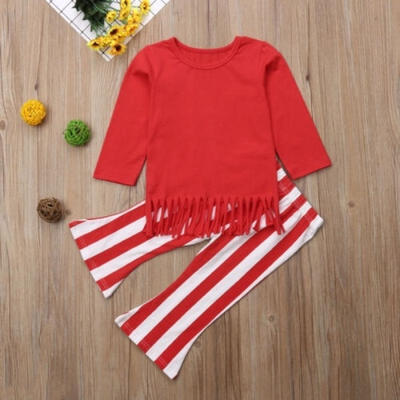 

Autumn Toddler Kids Girl Tassel TopsStriped Pants Leggings 2PCS Set Outfits