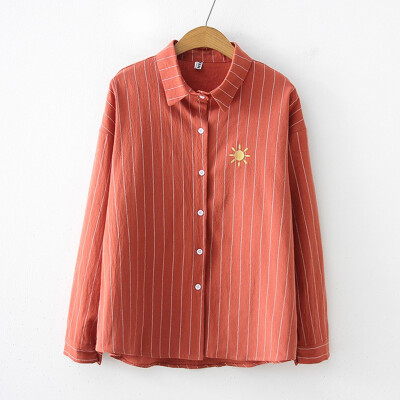 

Starmoon Fashion Women Top Stripe Lapel Shirt Weather Printing Long Sleeve Loose Blouse