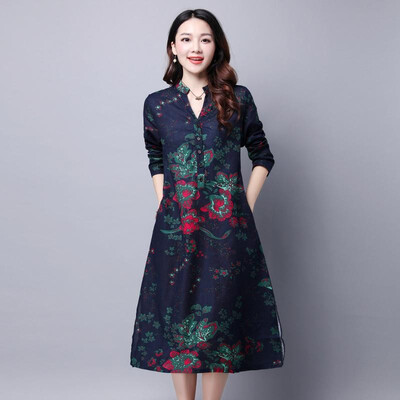 

Wish explosion models 2019 autumn new foreign trade cotton&linen large size womens dress famous ethnic long-sleeved loose dre