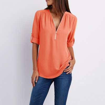 

Roseonmyhand Women Ladies Zipper Button Long Sleeves Loose Chiffon Shirt Clothing