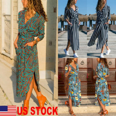 

Women Floral Vintage V-Neck Split Evening Party Cocktail Beach Long Blouse Dress
