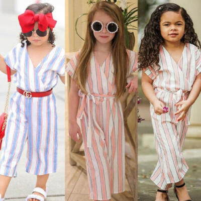 

Toddler Baby Girl Clothes Short Sleeve Romper Jumpsuit Wide Pants Striped Outfit