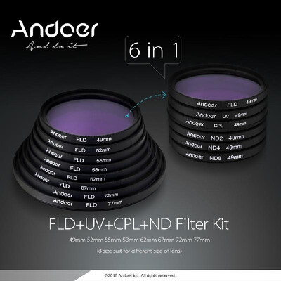 

Andoer 67mm UVCPLFLDNDND2 ND4 ND8 Photography Filter Kit Set Ultraviolet Circular-Polarizing Fluorescent Neutral Density Filt