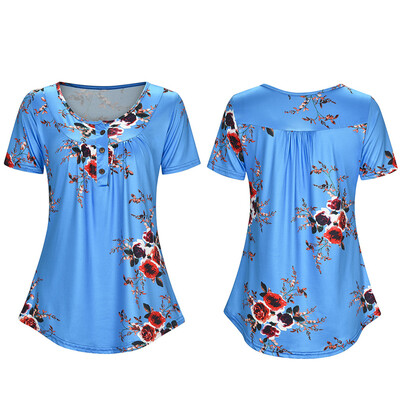 

Nomeni Women Casual Short Sleeve Button Pleated Loose Tunic Printed Blouse Tops Shirt