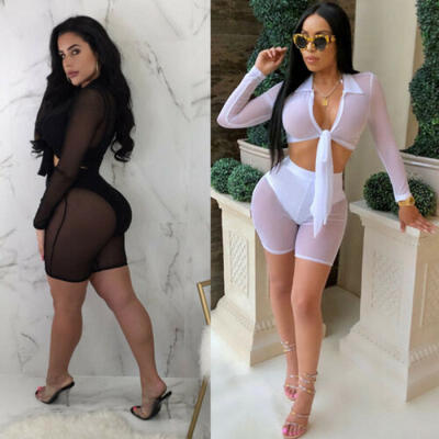 

Women Sexy Lingerie Perspective Mesh Long Sleeve Tops Pants 2Pcs Set Sleepwear
