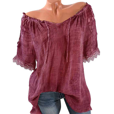 

Nomeni Women Casual Cold Off Shoulder Lace Solid Slash Neck Plue Size Tops Shirt Blouse