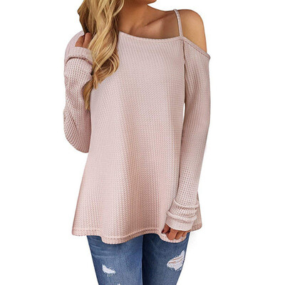 

Autumn Women Long Sleeve T-shirt Cold Shoulder Solid Color Autumn Ladies Knitted Tee Split Tunic Tops tshirt