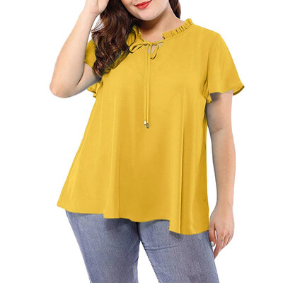 

Women Solid Shirts Lace Up Chiffon Top Short Sleeve Casual Blouse Shirt Plus Size