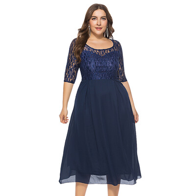 

Round Collar Half Sleeve Spliced Lace Crochet Plus Size Women Midi Dress