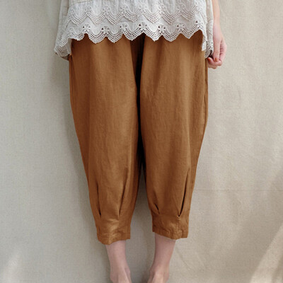 

Tailored Women Cotton Linen Solid Color Belt Pocket Nine Points Casual Harem Pants