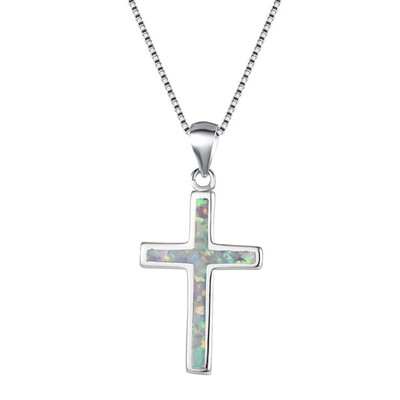

Simple&Lovely 925 Silver White Fire Opal Cross Pendant Necklace