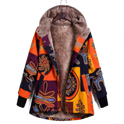 

Womens Long Sleeve Ethnic Hooded Coat Winter Fleece Thicken Long Parkas Outwear