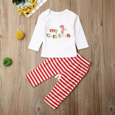 

Newborn Baby Girl My 1st Christmas T shirtSanta Long Pants 2pcs Outfits Clothes