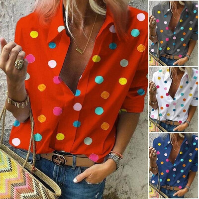

2019 speed sells Amazon Europe&the United States new wave print V-neck long-sleeved sleeves Slim shirt blouse female white