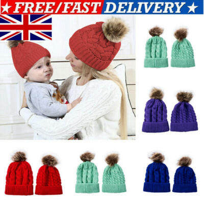 

2PCS Mom Mother Baby Knit Pom Bobble Hat Kids Girls Boys Winter Warm Beanie Cap