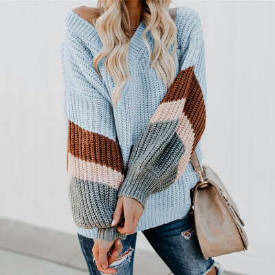 

2019 Womens V Neck Long Sleeve Striped Knitted Chunky Pullover Sweater