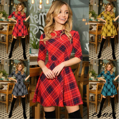 

Summer Women Boho plaid Short Dress Evening Cocktail Party Beach Dress Sundress