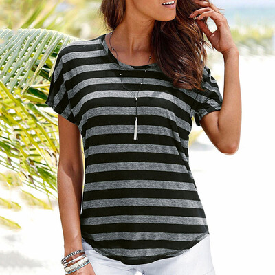 

Nomeni Womens Bohemian Casual O Neck Short Sleeve Striped Printed T Shirt Top Blouse