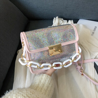 

New Female Sequins Women Messenger Bag Ladies Summer 2019 Korean Jelly Transparent Shoulder Bag Fashion Chains PVC Flap Handbag