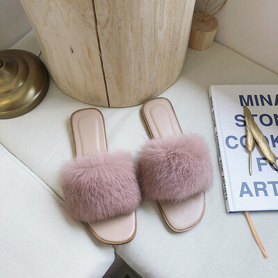 

Summer 2019 Korea retro wear sweet chic Joker net red flat padded mink Mao Mao slippers