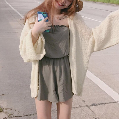 

Summer Women Sweet Cardigan Sweater Coat Puff Sleeve Thin Section Loose Suncoat