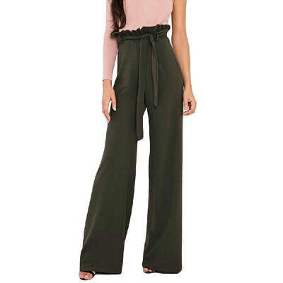 

New Women High Waist Pants Belt Ruffle Zip Solid Color Wide Leg Trousers Elegant Long Pant