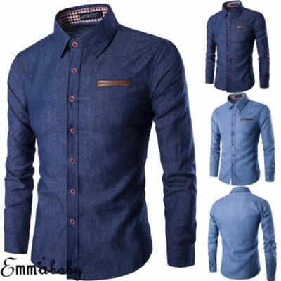 

US Fashion Mens Luxury Long Sleeve Shirt Casual Slim Fit Denim Dress Shirt Tops