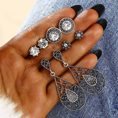 

E0290 5PairsSet Bohemia Hollow Withe Opal Stud Earrings Set For Women Wedding Boucle Doreille Jewelry Dazzling Wedding Brinco