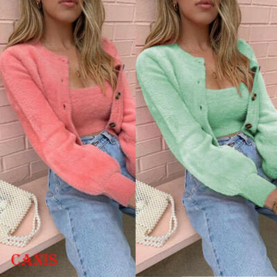 

Plus Size Womens Long Sleeve Knitted Fluffy Cardigan Sweater Solid Coat Jacket